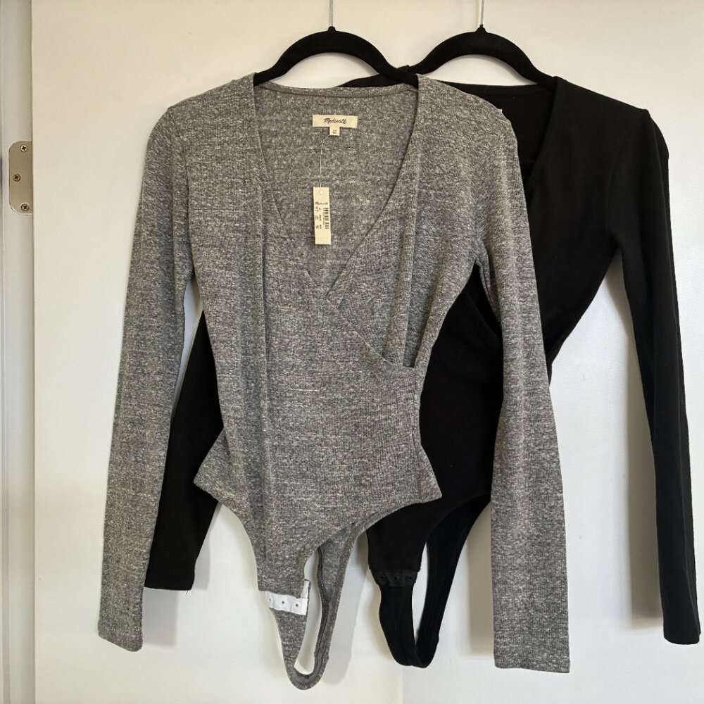 NEW 2 Madewell Wrap Bodysuits - Gray and Black - Size XS